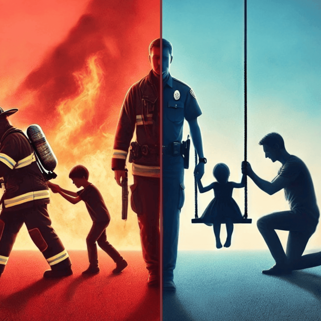 Split image of firefighter helping a child from flames and a police officer returning home to family, symbolizing the journey from crisis to recovery.